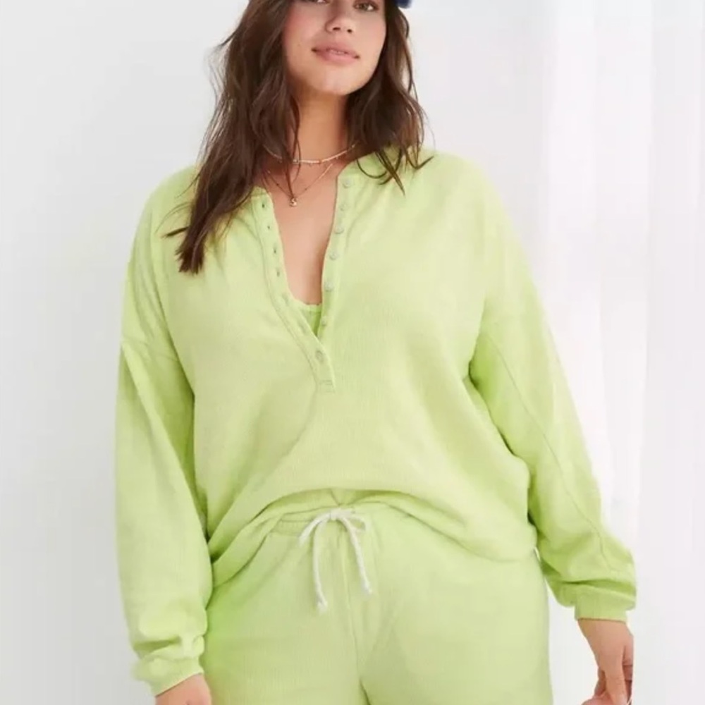 Aerie Henley Lightweight Sweatshirt Pullover Sharp Green